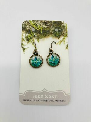 Green Succulent Dangle Earrings, Bronze