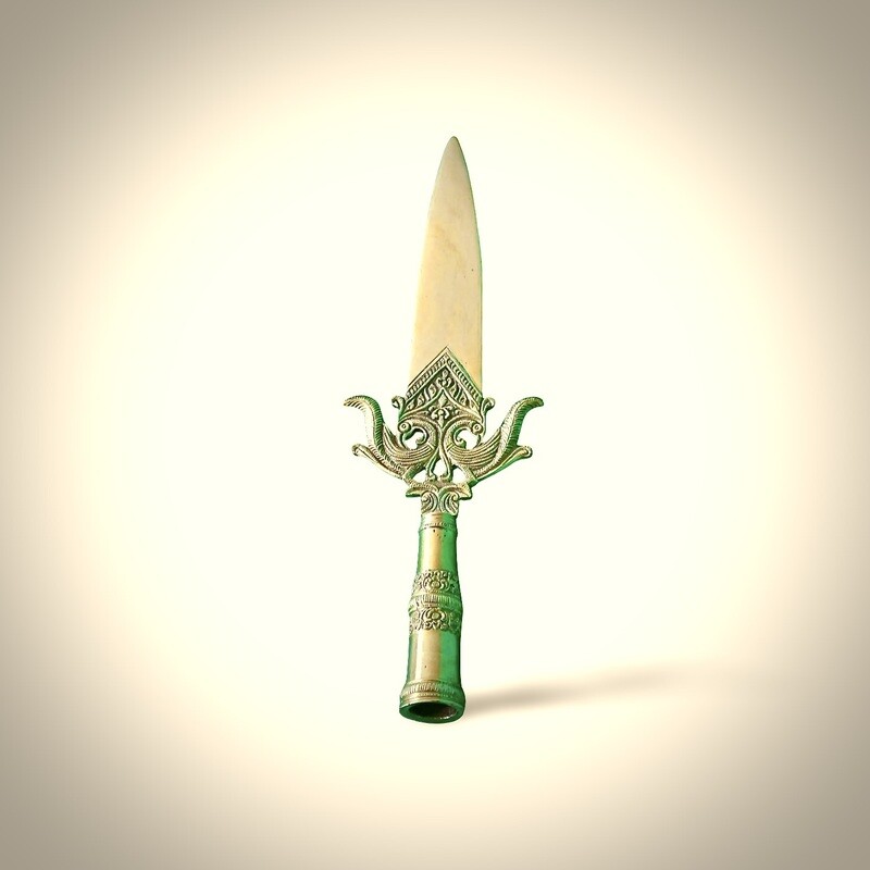 Handcrafted Brass Ornamental Knife - Wooden Handle &amp; Carvings
