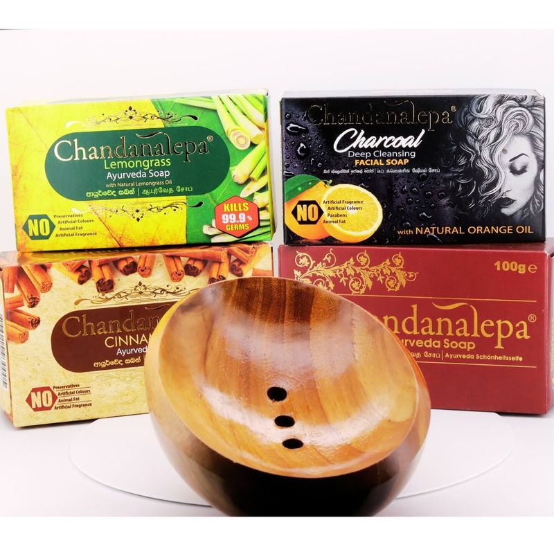 Ayurvedic Soap value pack. Natural Skin care pack with a beautiful soap dish made of Teak wood 