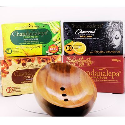Ayurvedic Soap value pack. Natural Skin care pack with a beautiful soap dish made of Teak wood 