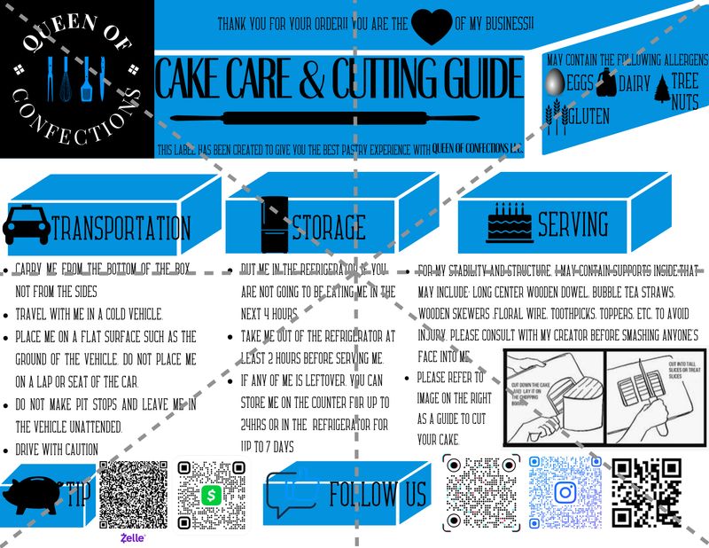 Cake Care and Cutting Guide (Editable Downloadable PDF using CANVA)