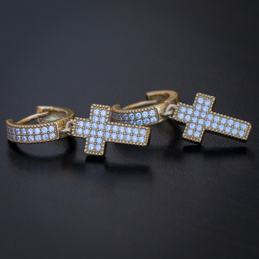 Men&#39;s 14K Gold Cross Drop Huggie Hinged Hoop Earrings