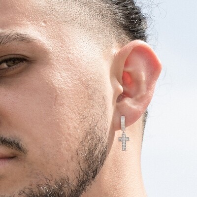 Men's Silver Cross Drop Dangle Huggie Hoop Earrings