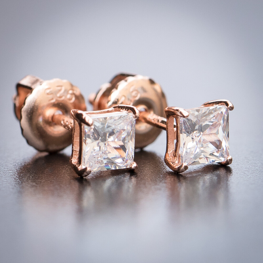 Princess Cut CZ Earrings 14k Rose Gold Screw Back