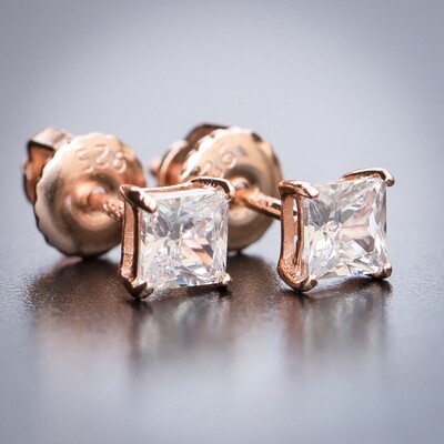 Princess Cut CZ Earrings 14k Rose Gold Screw Back