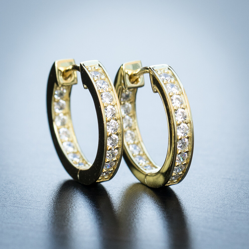 Mens 14K Yellow Gold Iced Cz Hoop Earrings