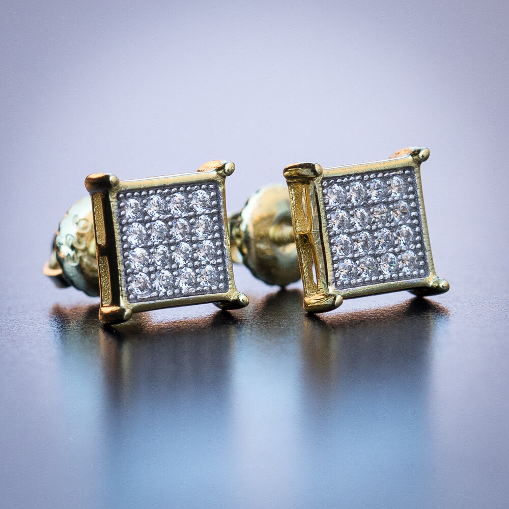 Mens Small Gold Square Screw Back Stud Earrings