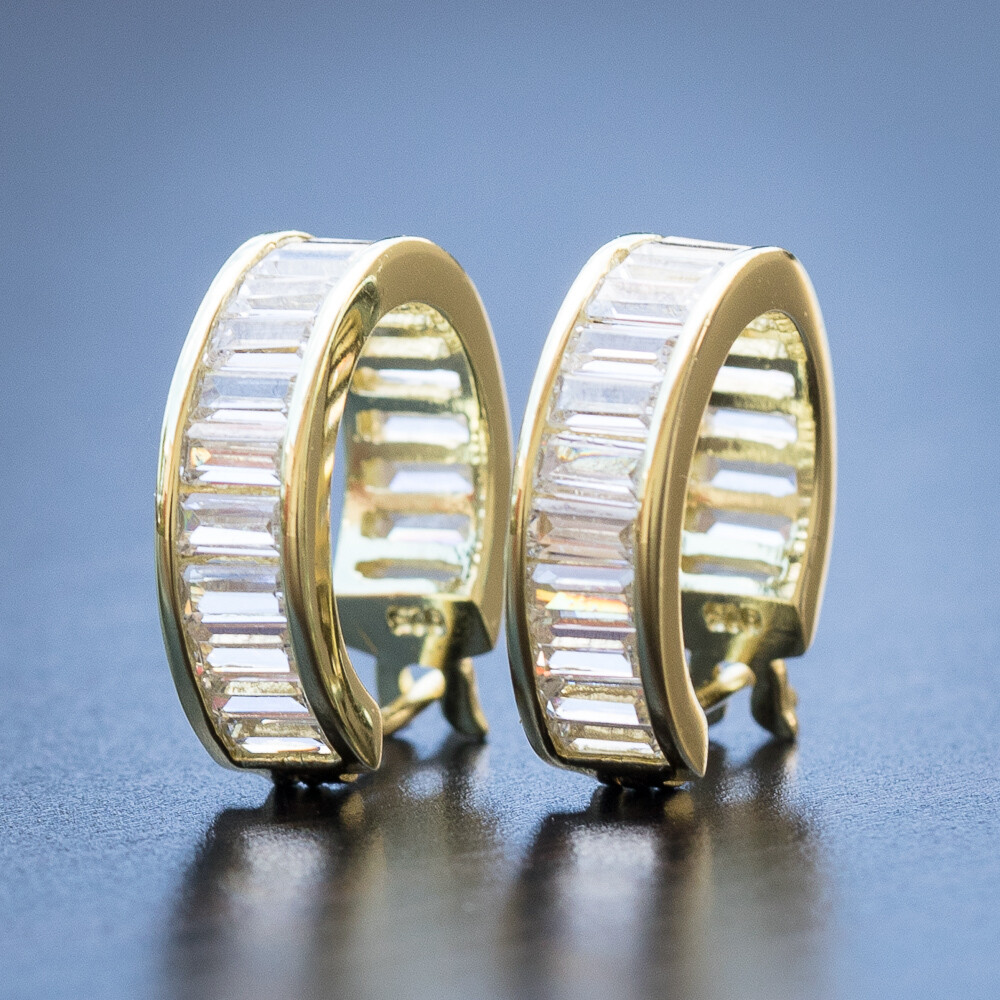 14K Gold Plated 925 Sterling Silver Baguette Mens Hoops