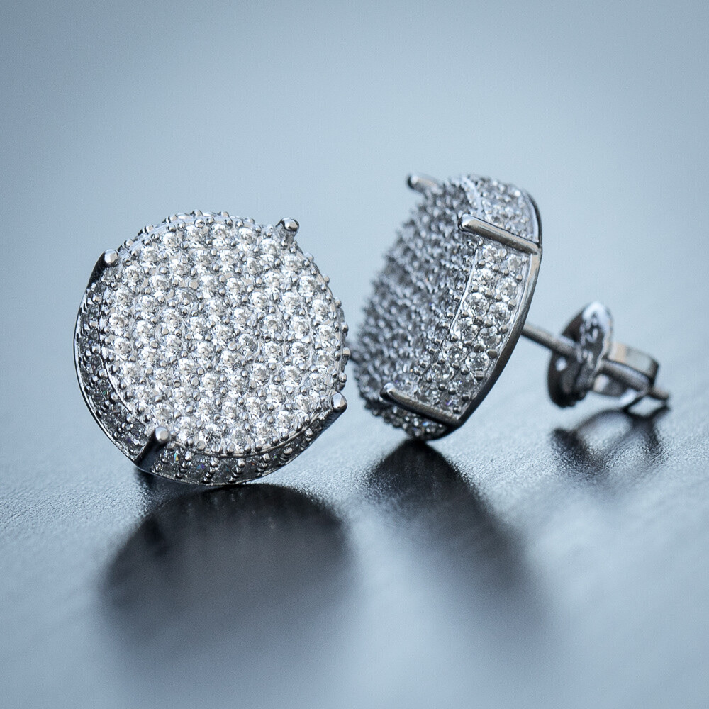 Mens Large Round Sterling Silver Iced Earrings