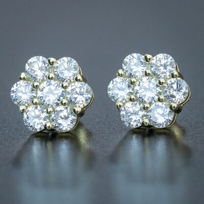 Iced Flower Cluster 14K Gold Mens Stud Earrings