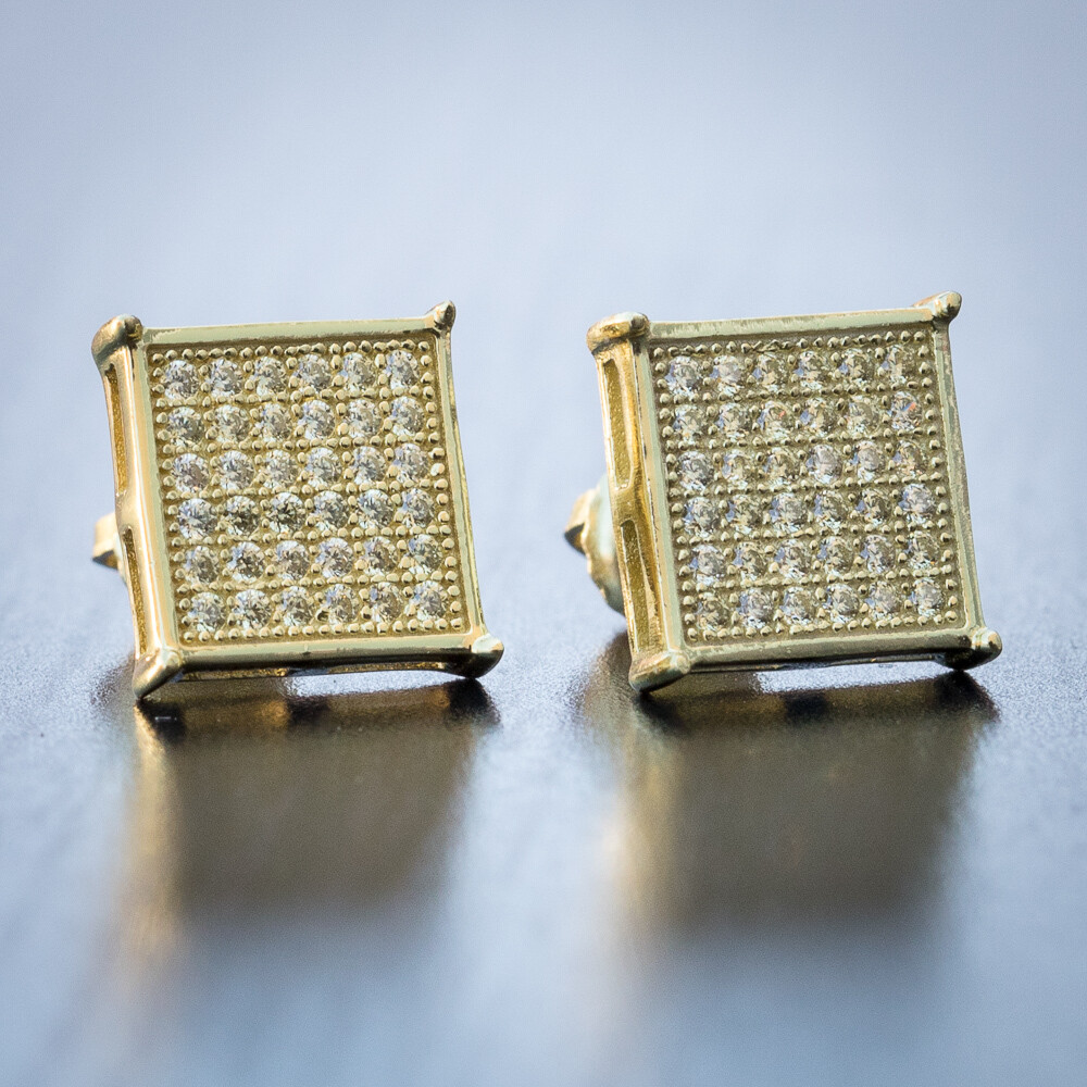 Mens Gold Canary Yellow Sterling Silver Square Earrings