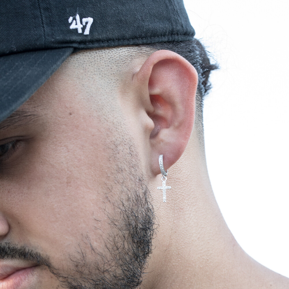 Mens White Gold Sterling Silver Cross Drop Huggie Hoop Earrings