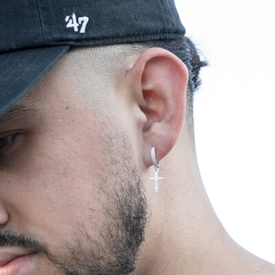 Mens White Gold Sterling Silver Cross Drop Huggie Hoop Earrings