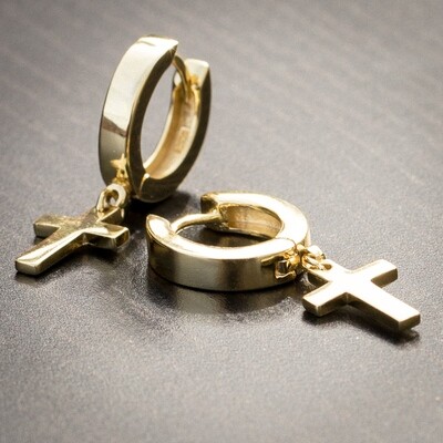 Men&#39;s 14K Gold Cross Drop Dangle Huggie Hoop Earrings