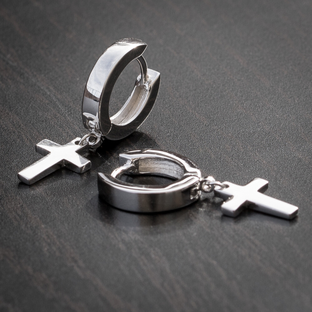 Mens Solid Silver Cross Dangle Huggie Hoop Earrings Rc5