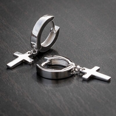 Mens Solid Silver Cross Dangle Huggie Hoop Earrings Rc5
