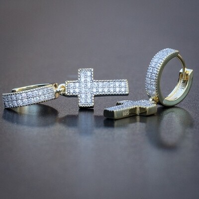 Mens Two Tone Gold Cross Drop Huggie Hoop Earrings