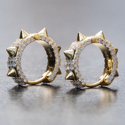 Mens 14K Gold Fully Iced Small Spike Hoop Earrings