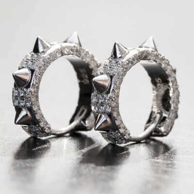 Mens Sterling Silver Iced Small Spike Hoop Earrings