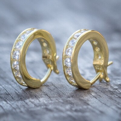 Small Yellow Gold Iced CZ Mens Hoop Earrings