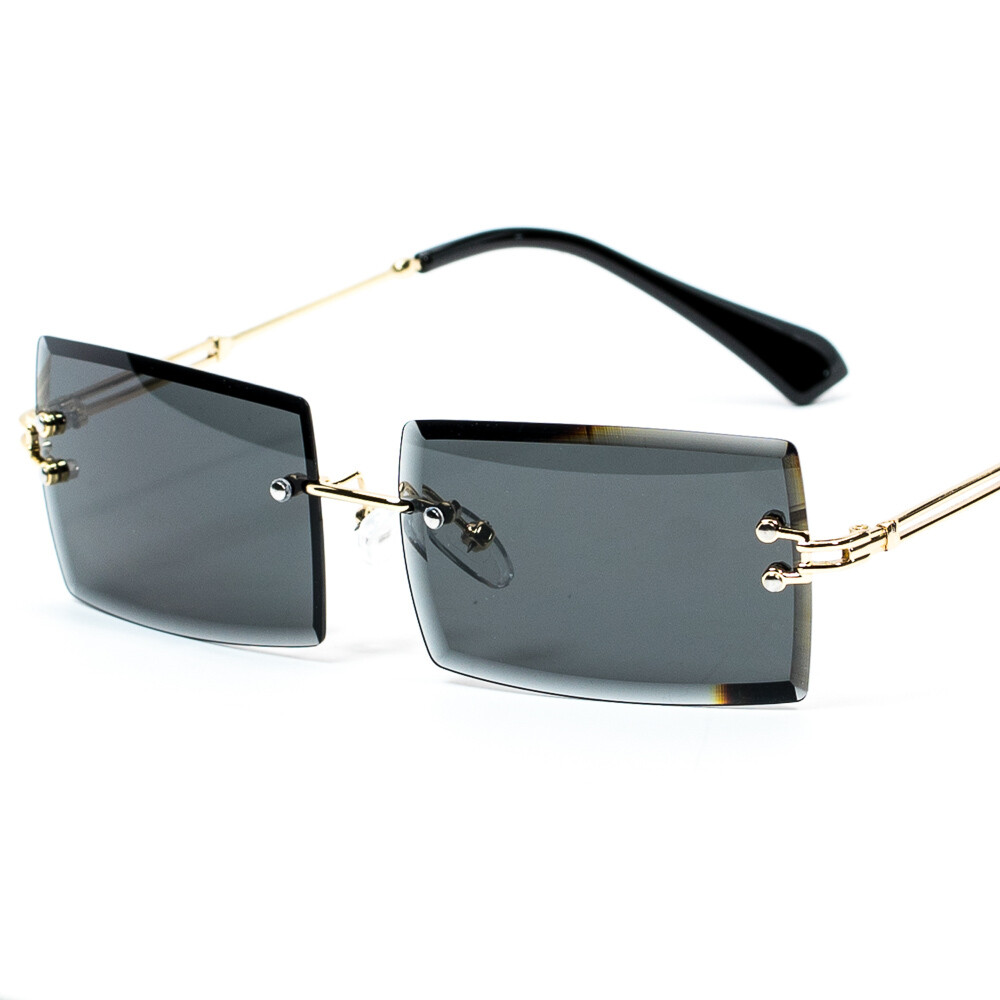 Mens Rectangular Black Tint Gold Rimless Sunglasses