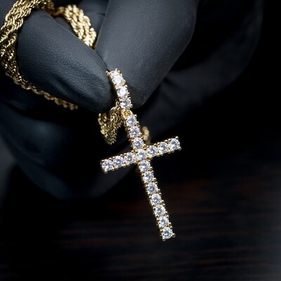 Iced Cz Gold Cross Pendant And Rope Chain Necklace