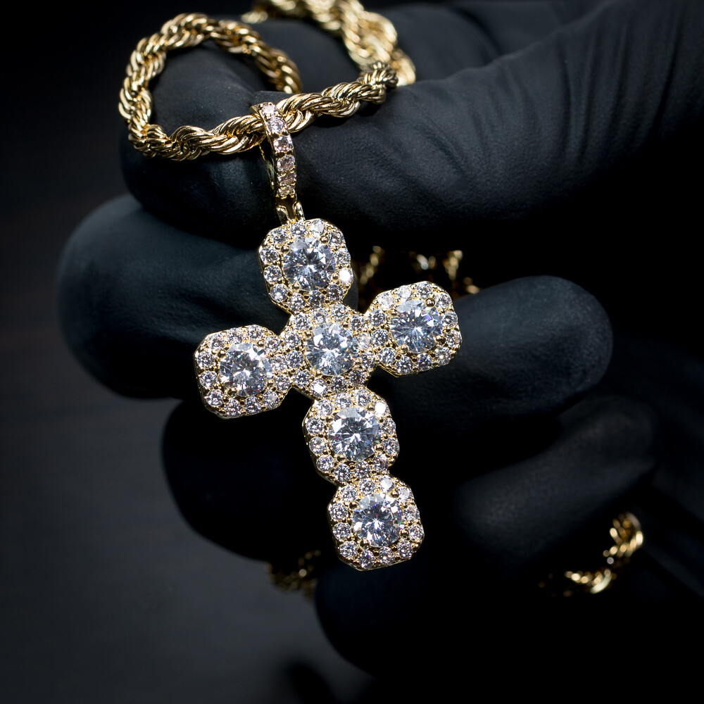 14K Gold Iced Elegant Cross Pendant Necklace