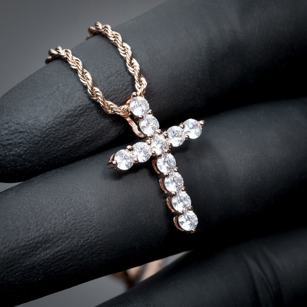 Mini Rose Gold Iced Cz Micro Cross Necklace