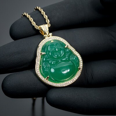 14K Gold Iced Cz Green Jade Buddha Pendant Necklace