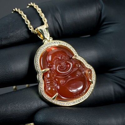 Iced 14K Gold Red Agate Buddha Pendant Necklace
