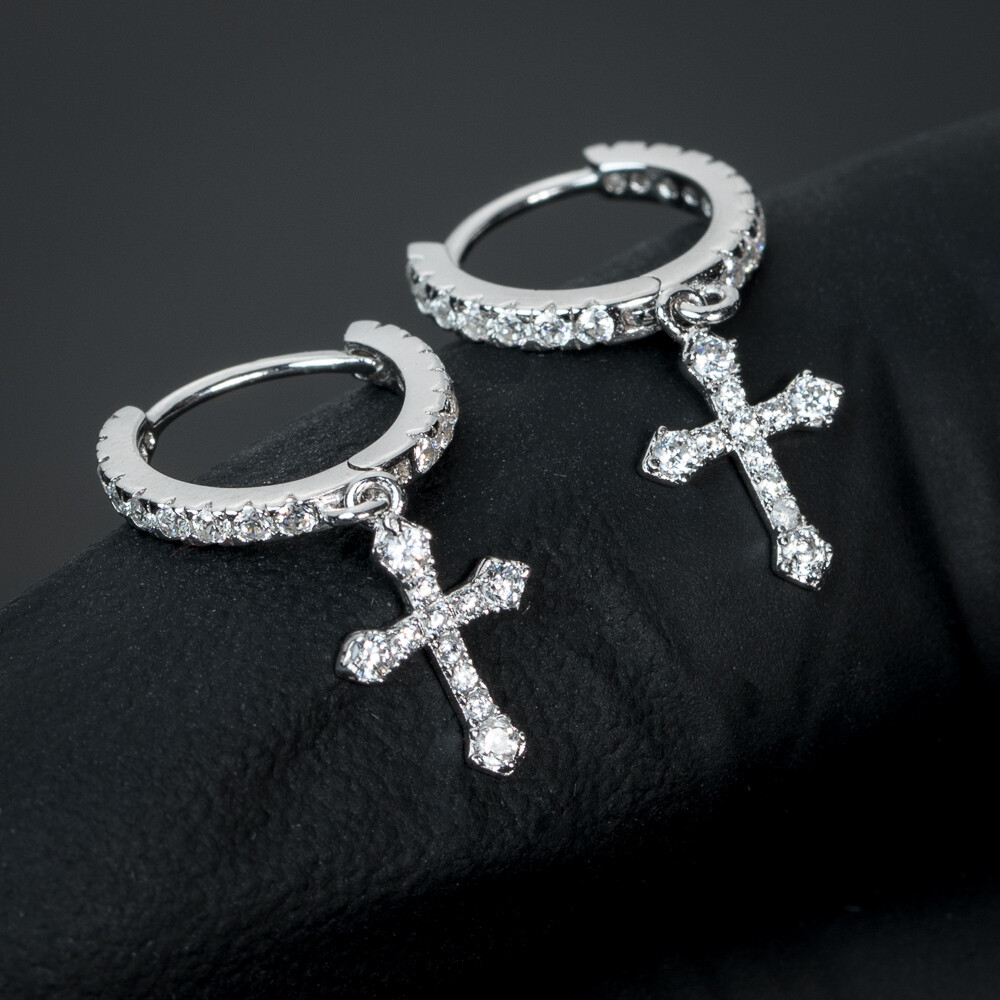 Small Sterling Silver Iced Cross Dangle Hoop Earrings