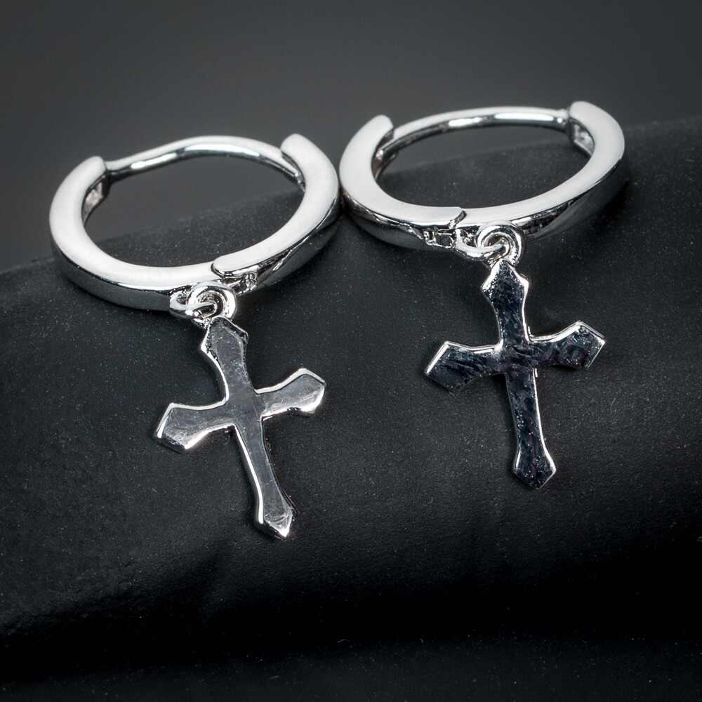 Mens Small Sterling Silver Dangle Cross Hoop Earrings​