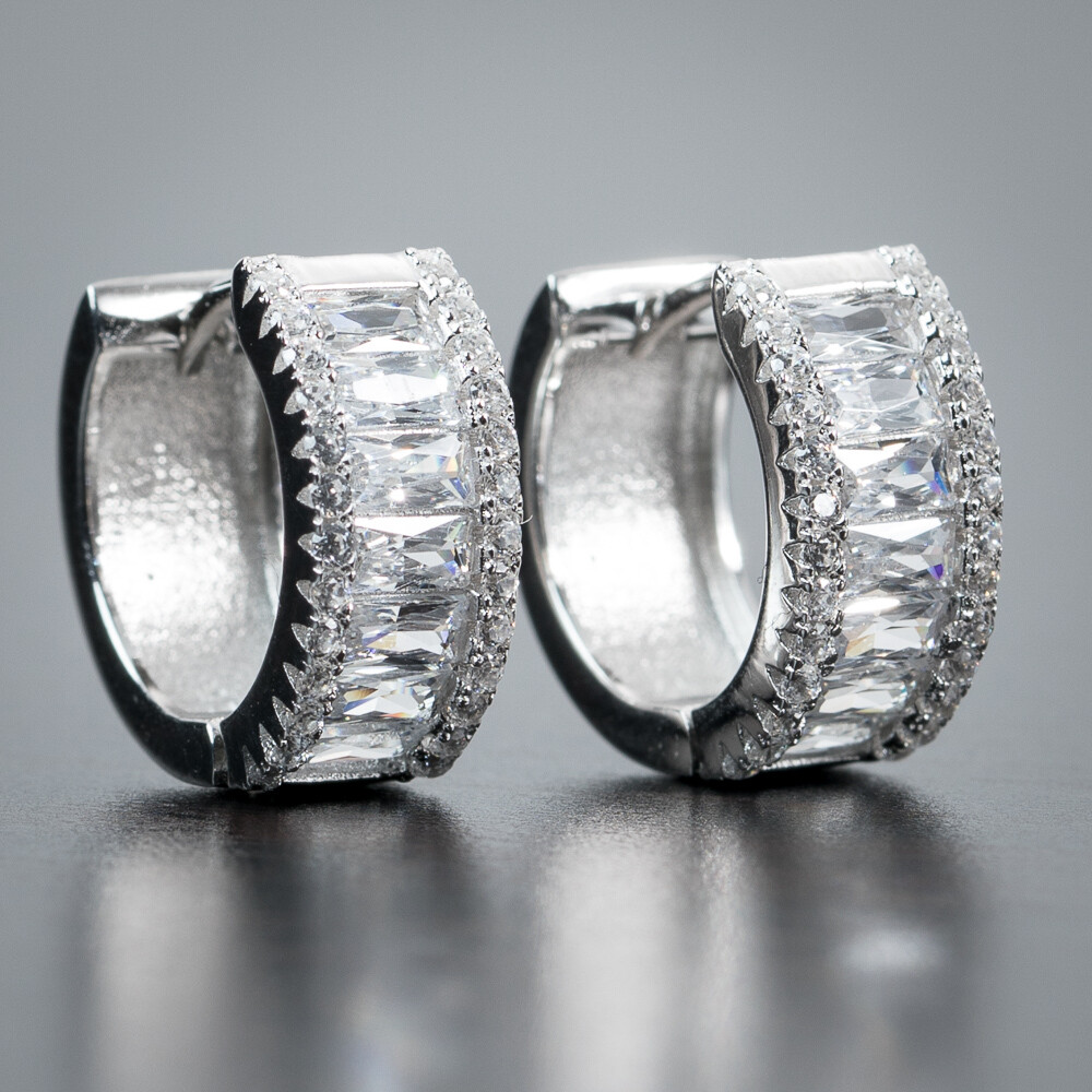 Men&#39;s Iced Sterling Silver Baguette Hoop Earrings