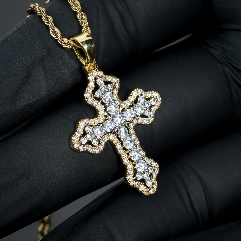 Mini Gold Iced Cross Pendant &amp; Rope Chain Necklace