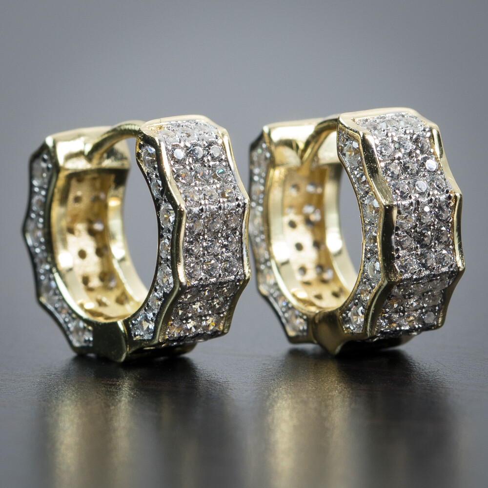 Mens Iced Cz Two Tone Gold Huggie Hoop Earrings