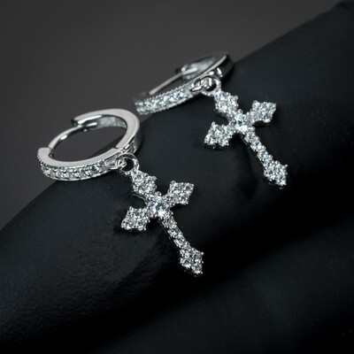 Iced Silver Iced Dangle Cross Huggie Hoop Earrings