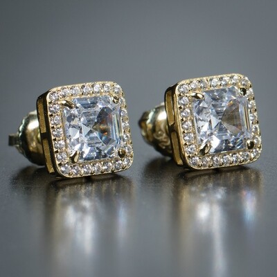 Mens 14K Gold Iced Cz Emerald Cut Earrings