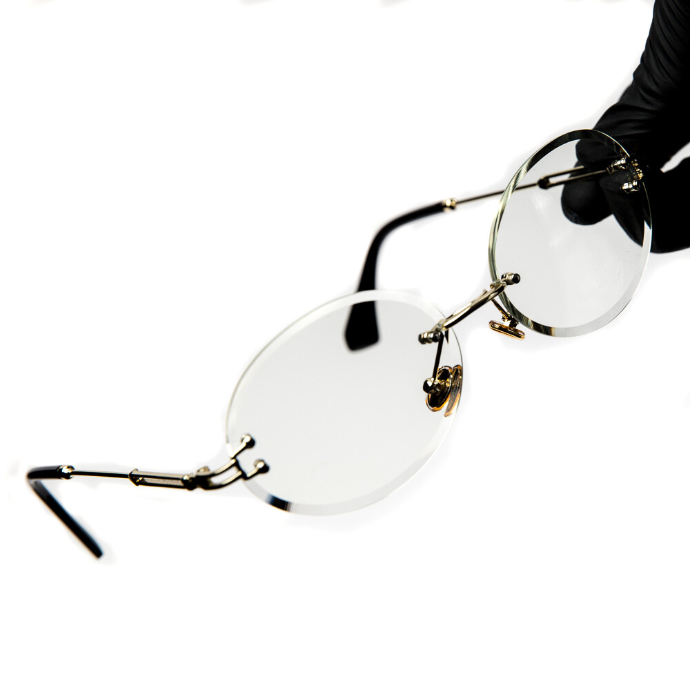 Mens Rimless Round Cut Gold Frame Clear Tint Glasses
