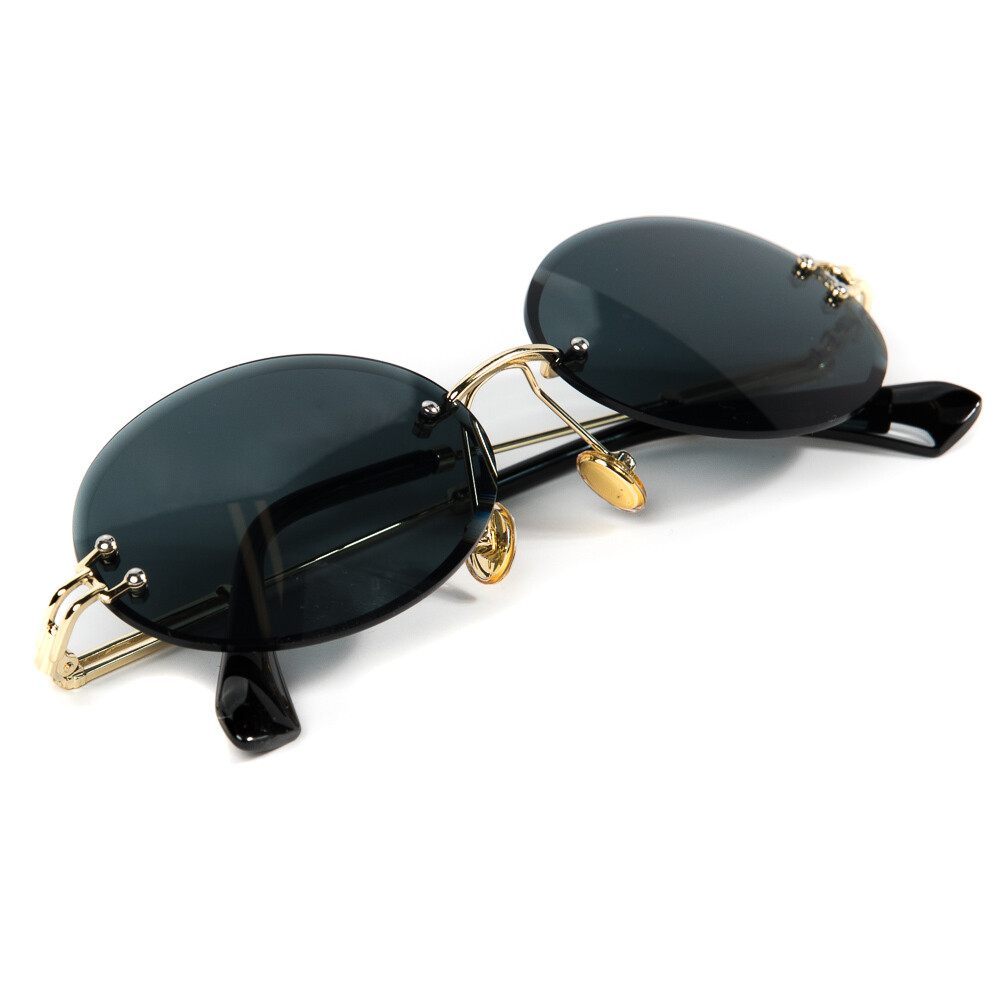 Rimless Round Cut Gold Frame Dark Black Tint Glasses