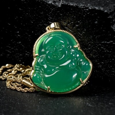 Solid 14K Gold Green Jade Buddha Pendant Necklace