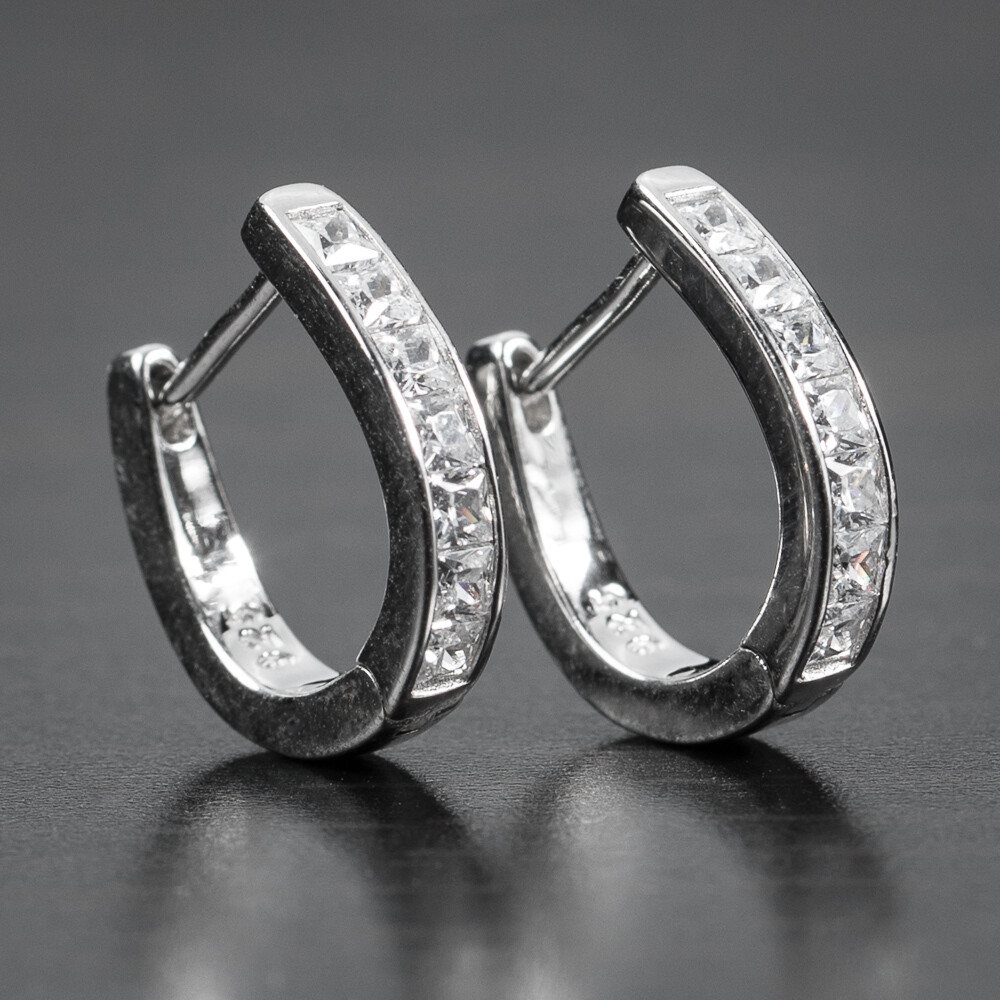 Mens Iced One Row Cushion Cut Huggie Hoop Earrings
