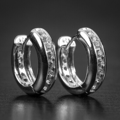 Mens Small Sterling Silver One Row Iced Hoop Earrings