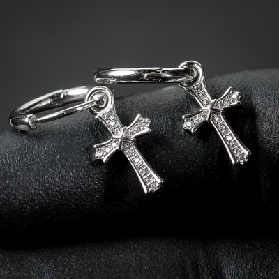 Sterling Silver Dangle Cz Cross Hoop Earrings