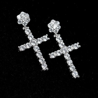 Mens Sterling Silver Cluster Stud Cross Dangle Earrings