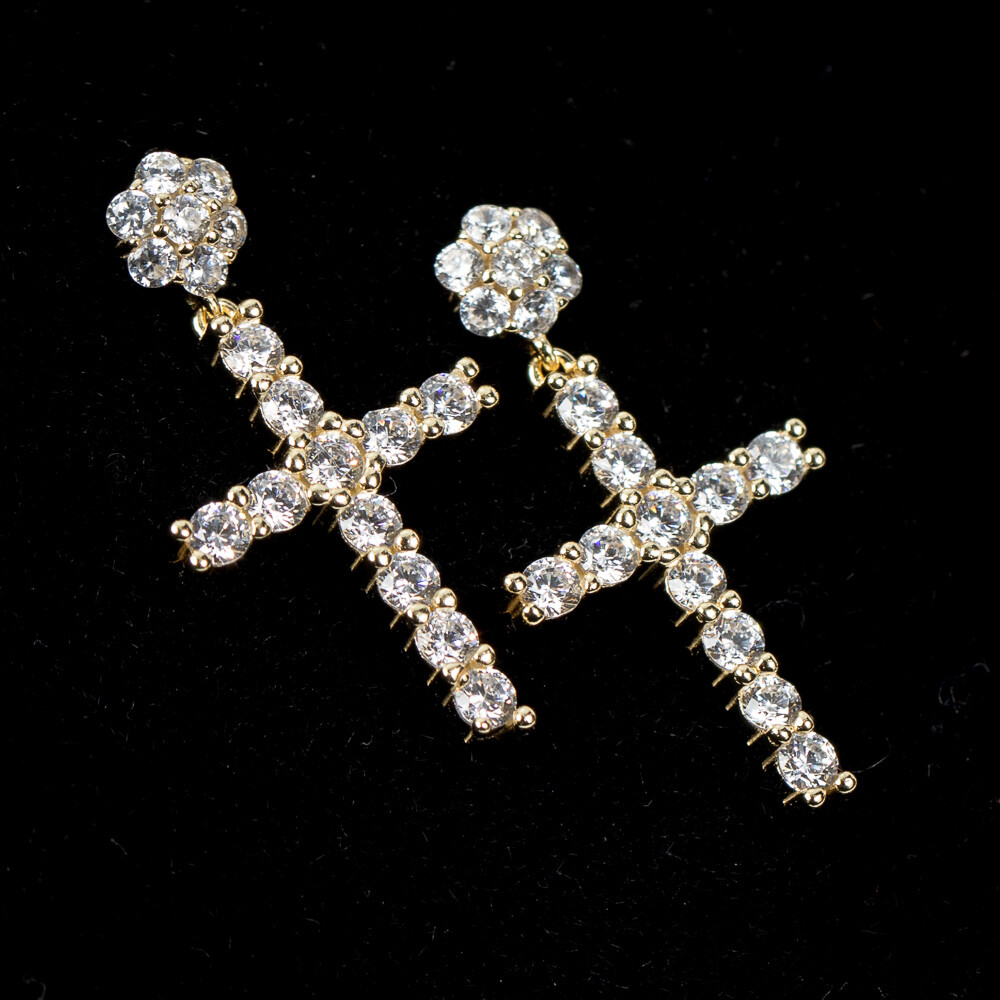 Mens Gold Flower Cluster Stud Cross Earrings