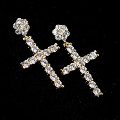 Mens Gold Flower Cluster Stud Cross Earrings