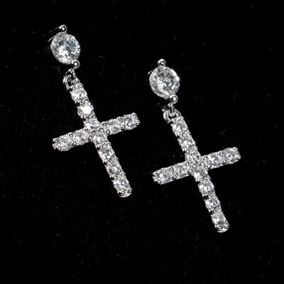 Mens Round Stud Sterling Silver Hanging Cross Earrings