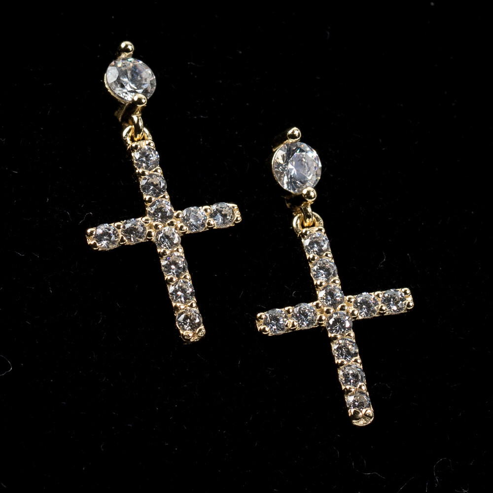 Mens Gold Round Stud Dangle Cross Earrings