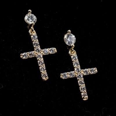 Mens Gold Round Stud Dangle Cross Earrings