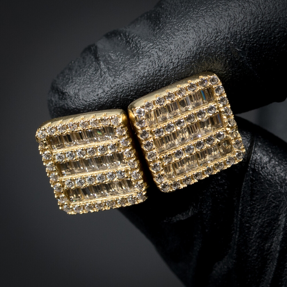 Mens Gold Square Baguette Stud Screw Back Earrings